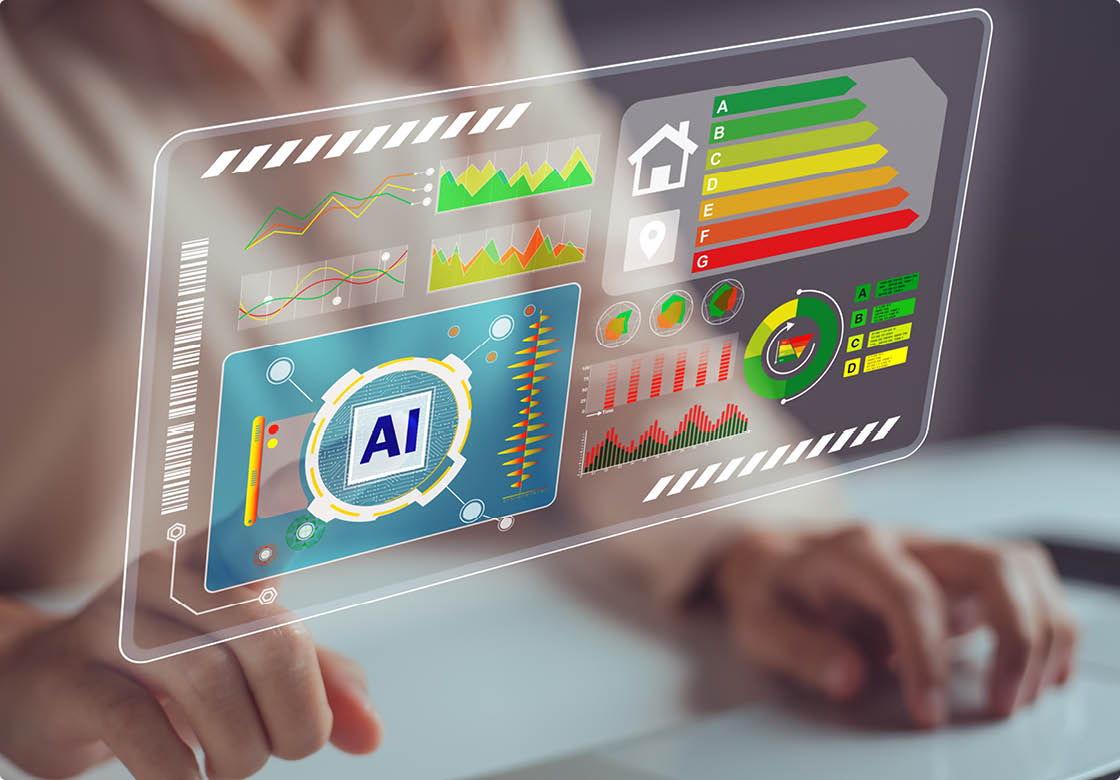 Hand pressing the AI symbol in the energy efficiency dashboard. Concept of using artificial intelligence to control energy efficiency ( EER ).