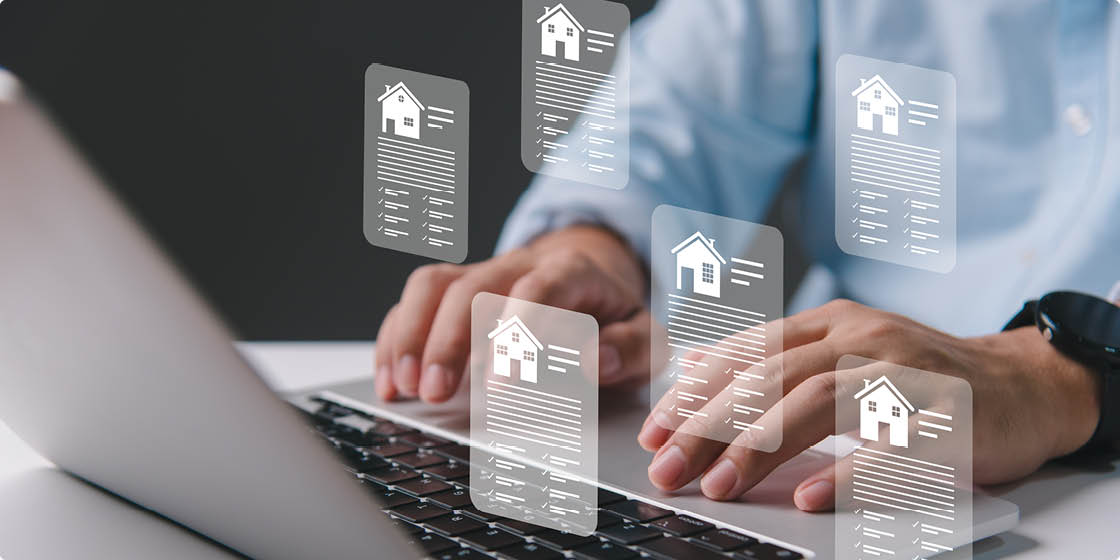 Real estate concept business, home insurance and real estate protection. Buy and sell houses and real estate online on a virtual screen