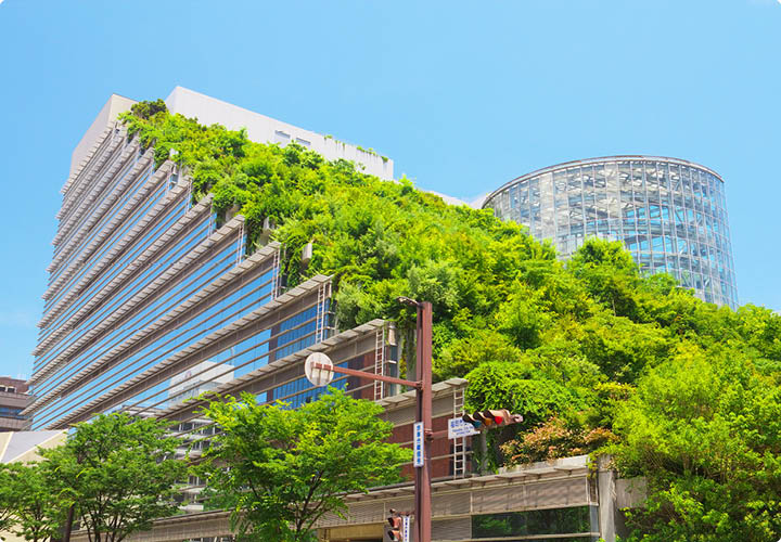 FUKUOKA, JAPAN - JUL 09: View of Acros Fukuoka on Jul 09, 2015 in Fukuoka, Japan. Acros Fukuoka is the eco-building and landmark of Fukuoka that has a green roof.