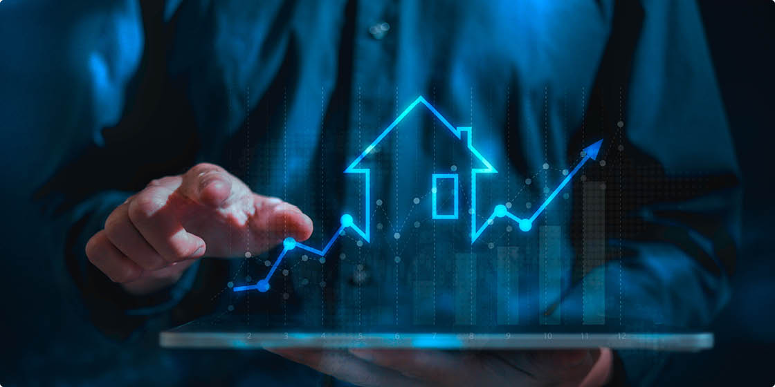 real estate investment concept energy efficiency rating and property value, Real estate online on virtual screens. new home for the family, home search, land price, property tax.