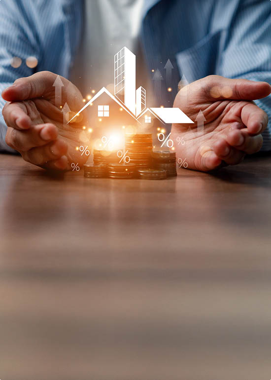 Real estate investment concept. Buy, own, and sell properties for profit. Cash flow, appreciation, tax advantages. Buy and sell houses and real estate online on a virtual screen. real estate market