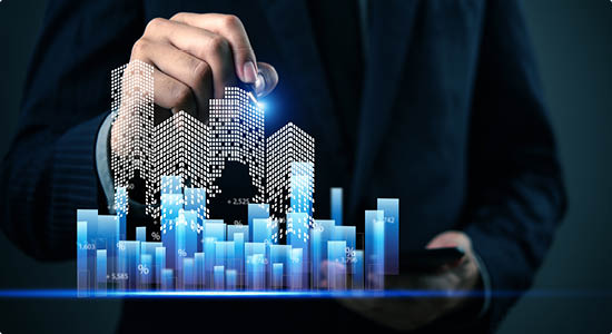 Businessman digital real estate and smart city data, future technology, property investment, and analytics. virtual buildings and financial charts, digital property management.