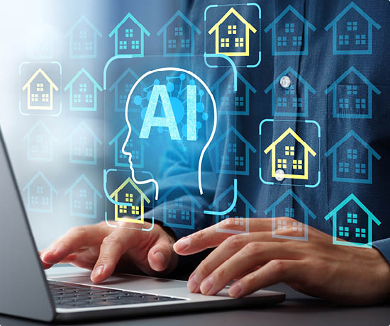 AI-powered automated real estate analytics and property valuation. Intelligent property management and AI-powered property investment. Man using laptop computer.