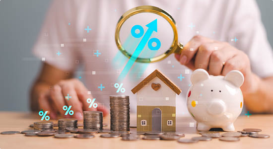 Interest rate rise and dividends money investment concept. Business provision of financial services. Man using magnifying glass finding to house loan interest rate percentage icon, mortgage rate up 