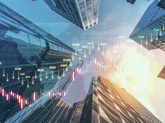 Forex trade market and development concept with growing digital candlestick and indicators on sunny skyscrapers background. Double exposure