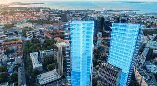 Aerial Drone Shot of Building Construction Finished with VFX: City Real Estate Development Site Transforms with Analytical 3D Graphics Project. Visualization, Digitalization of Urban Design.
