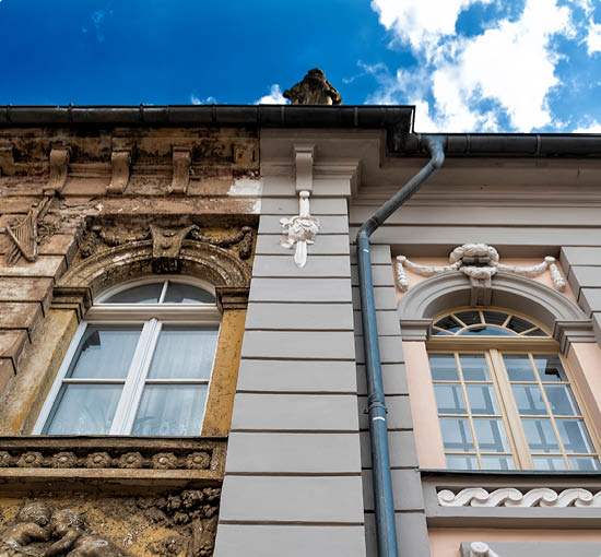 front of building in Germany with old and reconstructed part